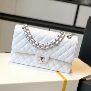 Chanel Classic Medium Flapbag Silver Hardware 26cm White