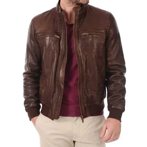 John Hunter Men’s Brown Lambskin Leather Bomber Motorcycle Jacket