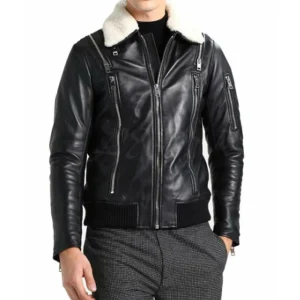 Black Leather Jacket with White Fur Collar