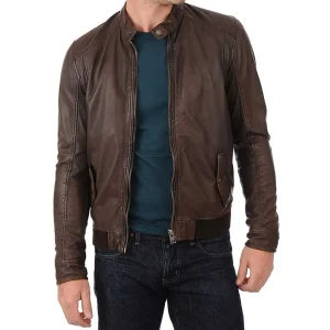 John Hunter Men’s Brown Lambskin Leather Bomber Motorcycle Jacket
