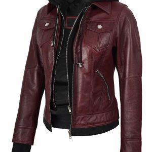 Women's Burgundy Hooded Leather Bomber Jacket