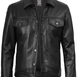 Men's Black Lambskin Leather Trucker Jacket