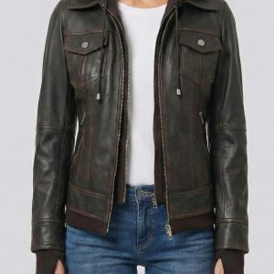 Women Dark Brown Bomber Leather Jacket | Removable Hood