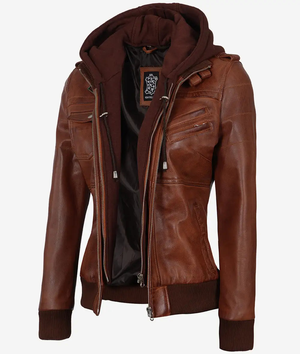 Women's Cognac Brown Leather Jacket - Removeable Hood