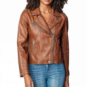 GlimGears USA Brown Genuine Leather Asymmetrical Motorcycle Jacket for Women