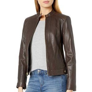 GlimGears USA Dark Brown Genuine Leather Biker Jacket with Quilted Shoulders for Women