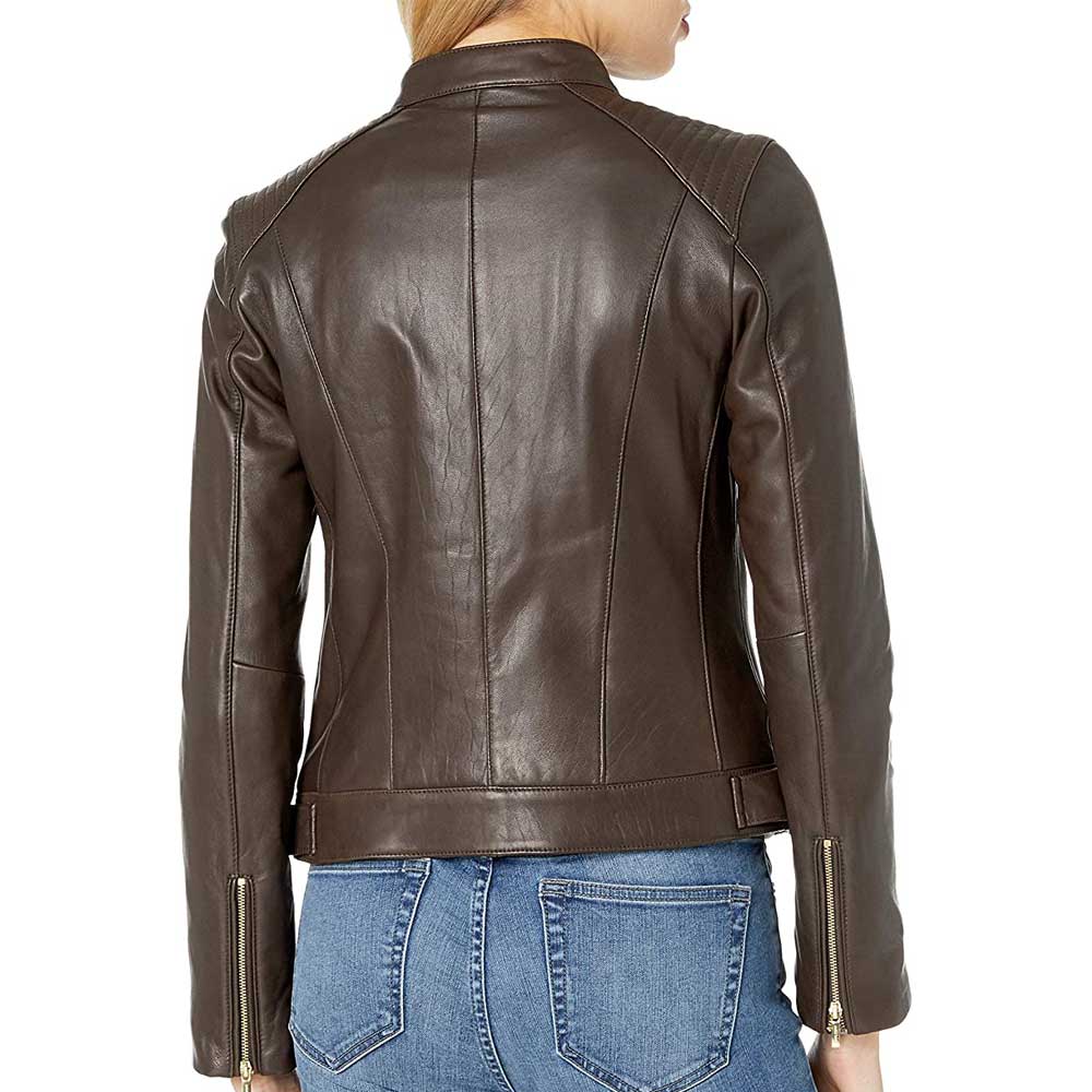 GlimGears USA Dark Brown Genuine Leather Biker Jacket with Quilted Shoulders for Women - Image 2